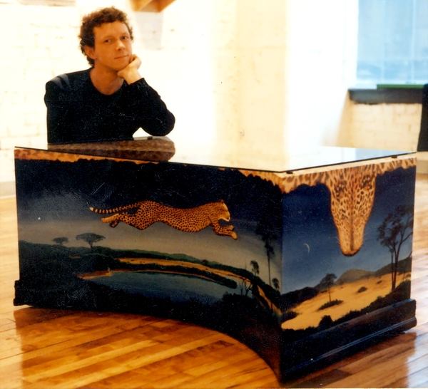 Tim with Leopard table he painted